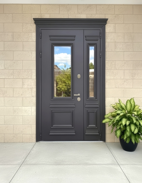 Полуторная дверь с карнизом и стеклами